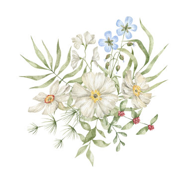 Watercolor bouquet with elegant flowers, branches and leaves isolated on white. Summer wild flower, floral arrangements, meadow flowers