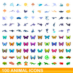 100 animal icons set. Cartoon illustration of 100 animal icons vector set isolated on white background