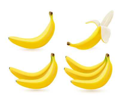 Realistic banana set isolated on white background. Sweet yellow fruit icons. Yummy vitamin dessert.