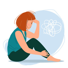 Depressed young unhappy girl sitting and holding her head. Concept of mental disorder. Colorful vector illustration in flat cartoon style.