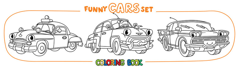 Funny small retro cars with eyes coloring book set