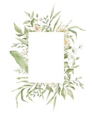 Lush floral frame with summer flowers, greenery, leaves. Hand-drawn watercolor. Floral rectangle frame for invitation, decor, cards. Romantic elegant frame.