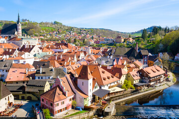 Panoramic view of Cesky Krumlov and river Vltava in the South Bohemian region, Czech Republic.