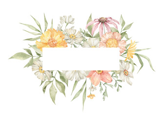 Watercolor rectangle frame with elegant bright summer meadow flowers, herbs and wild leaves. Wildflower rustic bouquet. Frame for wedding invitation, cards, covers. Lush foliage