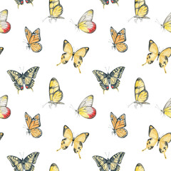 Watercolor seamless pattern with colorful bright butterflies. Summer insect isolated on white background. Black, orange, yellow butterfly.
