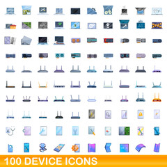 100 device icons set. Cartoon illustration of 100 device icons vector set isolated on white background - obrazy, fototapety, plakaty