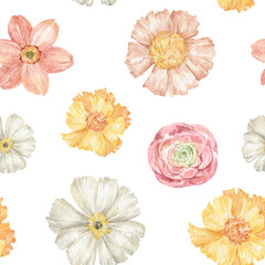 Materiał do szycia Watercolor seamless pattern with wild summer flowers in pink, white and yellow colors. Meadow wild flowers. Spring garden. Floral background for wallpaper, paper, textile, package