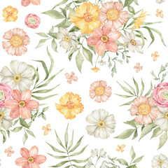Watercolor seamless pattern with wild summer flowers in pink and yellow colors. Meadow wild flower and foliage, leaf, plants. Spring bouquets. Floral background for wallpaper, paper, textile, package