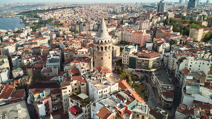 Aerial view of the Galata Tower in Istanbul. Turkey landmarks