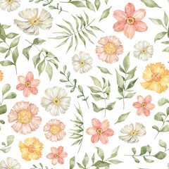 Fototapeta na wymiar Watercolor seamless pattern with wild summer flowers in pink and yellow colors. Meadow wild flower and foliage, leaf, plants. Spring garden. Floral background for wallpaper, paper, textile, package