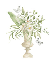 Watercolor composition with flower bouquet in antique vase and butterflies. Aesthetic element of summer garden. Floral decoration, insect, botanical elements. Delicate, romantic, vintage botanical art