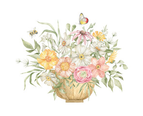 Watercolor composition with flower bouquet in antique vase and butterflies. Aesthetic element of summer garden. Floral decoration, insect, botanical elements. Delicate, romantic, vintage botanical art