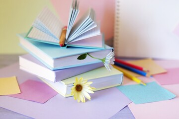 Books with bookmarks of flowers, pencils, notepads on the table, on a background of colored paper of pastel colors, the concept of learning, education, back to school 