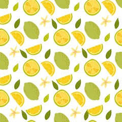 Lemon fruits pattern isolated on white. Whole and Halved Lemon Citrus Fruit with Juicy Flesh and Green Leaves Vector Set. Organic vegetarian fresh food. Vitamin tropical juicy citrus.