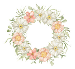 Lush floral wreath with summer flowers, greenery, leaves. Hand-drawn watercolor. Floral round frame for invitation, decor, cards. Romantic elegant frame.