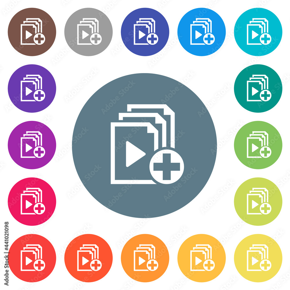 Poster add new item to playlist flat white icons on round color backgrounds