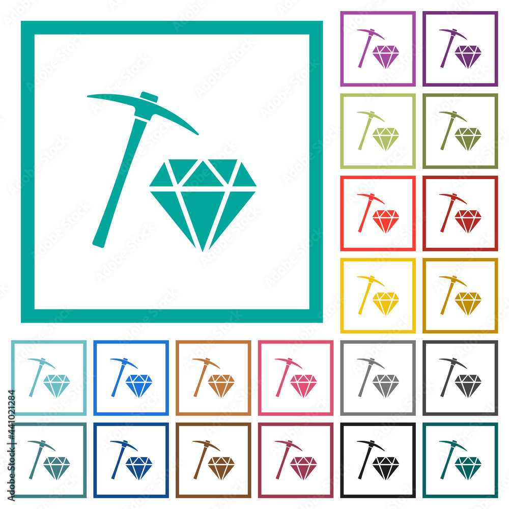 Poster diamond mining flat color icons with quadrant frames