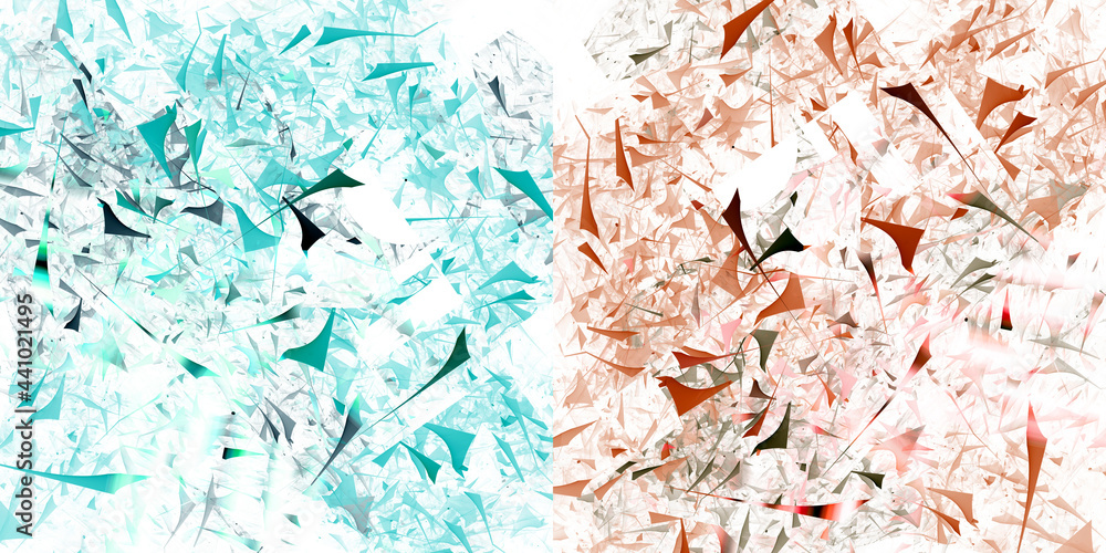 Aufkleber turquoise and red pieces of geometric shapes fly across the white background. two backgrounds in one