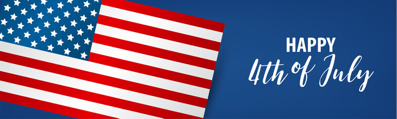 4th of July. USA flag banner or header. United States of America Independence Day. American national patriotic holiday design with lettering. Vector illustration.