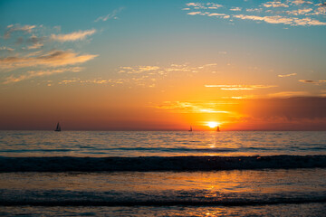 Sea beach with sunset sky abstract background. Copy space of summer vacation and travel concept.