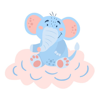 Image with cute cartoon elephant on a pink cloud. Vector graphics on a white background. For the design of posters, postcards, notebook covers, childrens illustrations, prints for mugs.