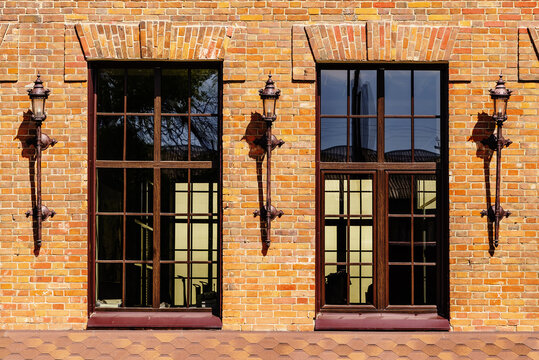 Detail of the facade of a modern loft-style office building, rebuilt from an old steam mill. The picture was taken in Russia, in the city of Orenburg