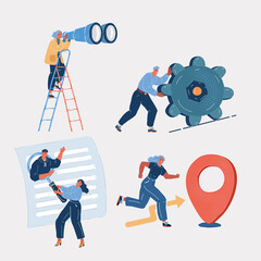 Vector illustration of people. Man try to push gear, woman run to location, making investigation with binocular, hr person looking for employee