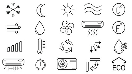 Simple set of air conditioning related line vector icons. Contains such icons as cool, hot, humidity, air-conditioner, temperature, timer, fan and more - obrazy, fototapety, plakaty