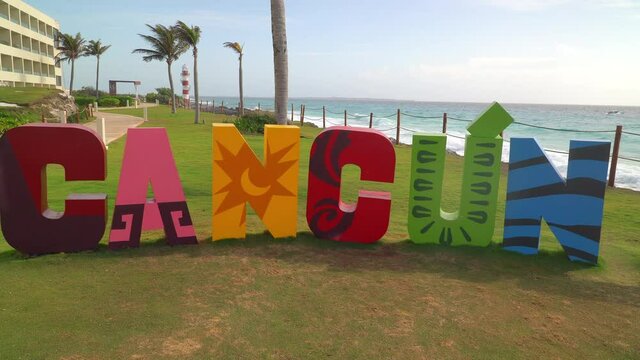 Colorful Cancun sign on the Caribbean sea coast