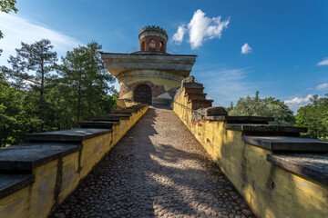 the tower-ruin in the Catherine Park in the city of Pushkin in the summer