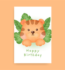 Birthday card with cute tiger in watercolor style