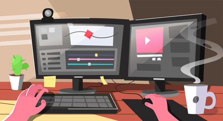 Animation designer in the creative process vector illustration. A man sits at his workplace and works on a new art project. The Animator's work on the project - obrazy, fototapety, plakaty