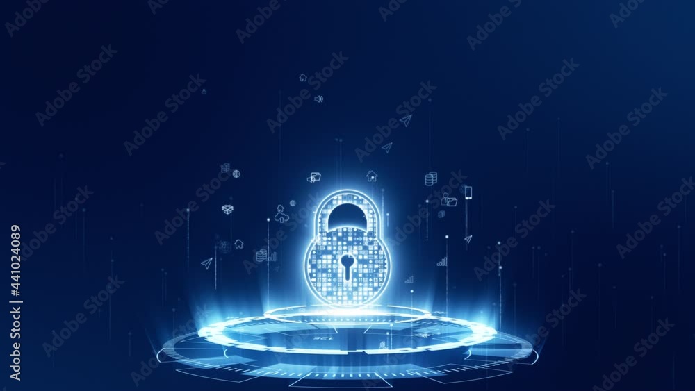 Poster motion graphic of blue security key logo with digital futuristic technology circle rotation and levi