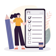 Girl with pencil notes completed tasks in application. Female user marks check marks in checklist. Mobile phone app. To-do list on smartphone screen