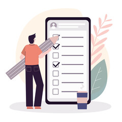 Businessman notes completed tasks in application. African american man marks check marks with pencil in checklist. To-do list on smartphone screen. Time management and planning. Vector illustration