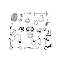 sports equipment icon set. hand drawn doodle. vector, scandinavian, nordic, minimalism, monochrome. rackets, balls, scooter, barbell, dumbbells, rollers, basket, medal, skateboard.