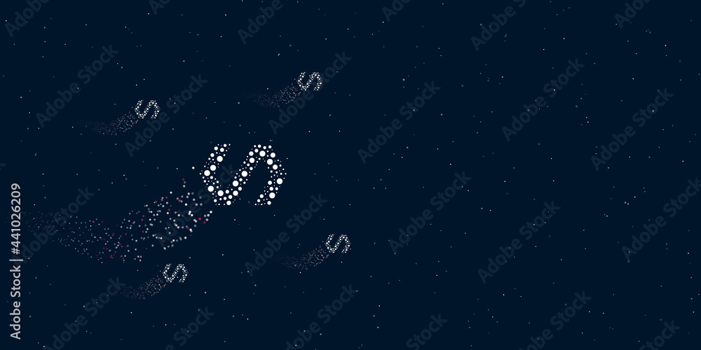 Poster a polymer symbol filled with dots flies through the stars leaving a trail behind. four small symbols