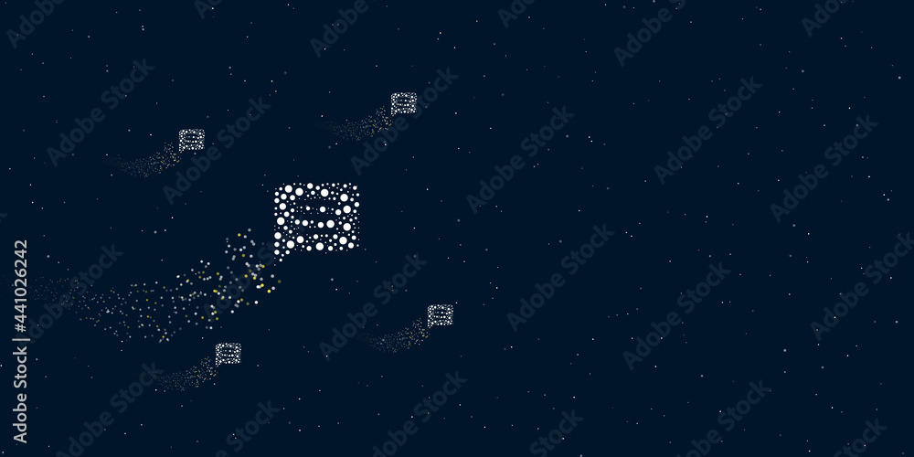 Poster A chat symbol filled with dots flies through the stars leaving a trail behind. Four small symbols around. Empty space for text on the right. Vector illustration on dark blue background with stars