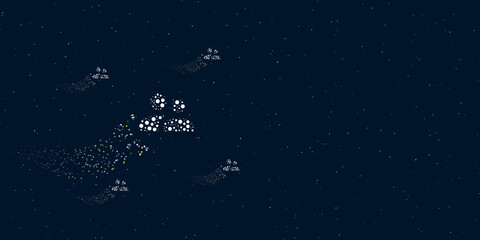A group symbol filled with dots flies through the stars leaving a trail behind. Four small symbols around. Empty space for text on the right. Vector illustration on dark blue background with stars