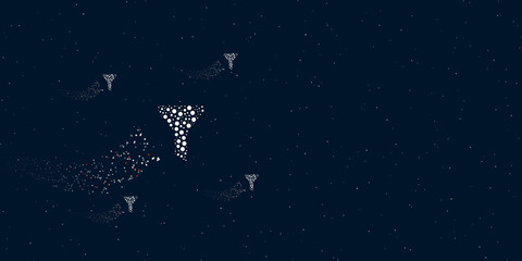 Fototapeta na wymiar A funnel symbol filled with dots flies through the stars leaving a trail behind. Four small symbols around. Empty space for text on the right. Vector illustration on dark blue background with stars