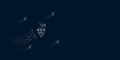 A grapes symbol filled with dots flies through the stars leaving a trail behind. Four small symbols around. Empty space for text on the right. Vector illustration on dark blue background with stars