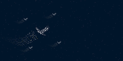 Obraz na płótnie Canvas A eagle symbol filled with dots flies through the stars leaving a trail behind. Four small symbols around. Empty space for text on the right. Vector illustration on dark blue background with stars