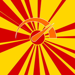 Tachometer symbol on a background of red flash explosion radial lines. The large orange symbol is located in the center of the sun, symbolizing the sunrise. Vector illustration on yellow background