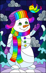 An illustration in the style of a stained glass window on the theme of winter holidays, a cheerful cartoon snowman in a hat and scarf, against the background of a winter night landscape