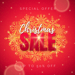 Red christmas sale banner with gold snowflakes