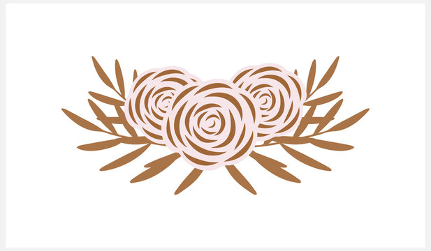 Doodle wreaths icon isolated on white. Branch with rese and leaves. Hand dwawn art. Cartoon flower. Vector stock illustration. EPS 10