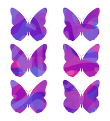 Set of simple decorated icons. Contours or silhouettes of insect butterflies with patterns of waves, smooth lines with gradients. Design element