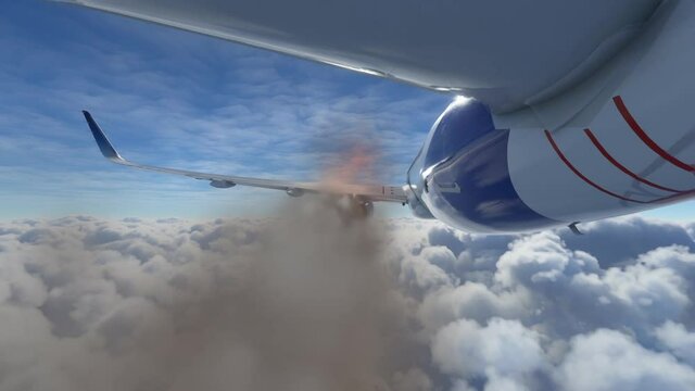 Airplane flying away with fire and smoke in its left engine. Catastrophe during a flight over clouds. The turbine engine is burning with dark smoke. Engine fail mid-flight.