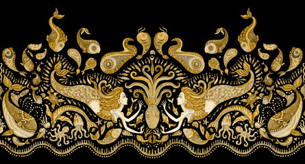 Seamless border pattern of hand painted golden fairy tale sea animals and mermaid. Watercolor fantasy fish, octopus, coral, sea shells, bubbles on a black background. Batik fringe, textile print