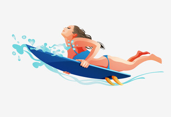Obraz premium Surfing girl on the surf board catching waves in the sea.A girl with a surfboard dives under a wave. Vector stylish icon in a flat style on the theme of surfing on white background. Isolated